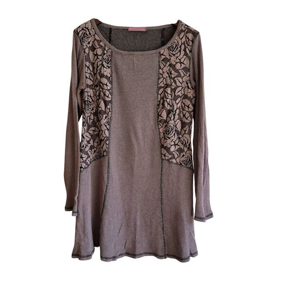 Cut Loose Womens Waffle Knit Tunic Dress Top Size M Boho Lagenlook Lace Panels - Picture 1 of 10